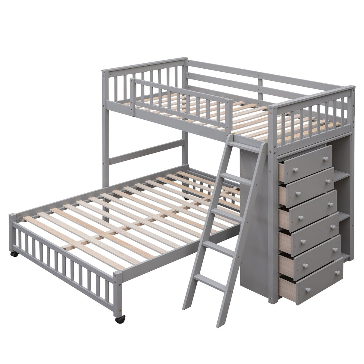 Bunk Bed With 6 Drawers And Flexible Shelves, Bottom Bed With Wheels by Couch.com