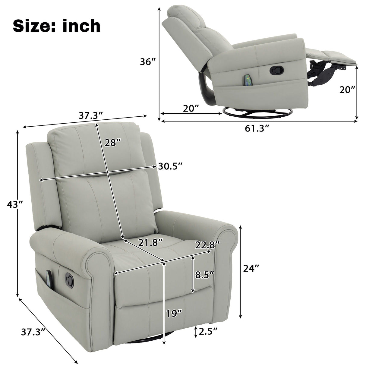 Manual Recliner Chair with 270° Swivel, Massage & Heating