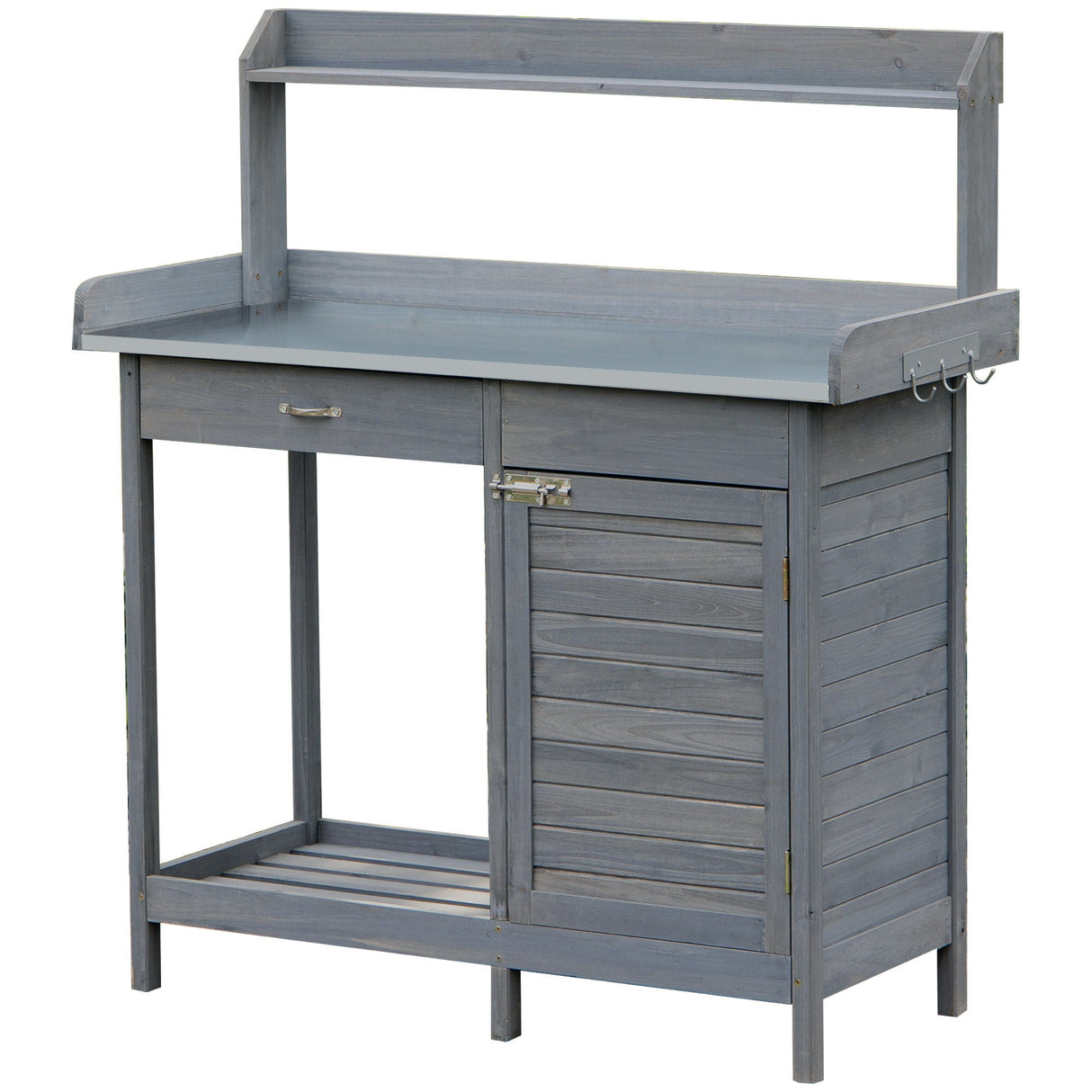Outsunny - Outdoor Potting Bench Table, Garden Work Station With Storage Cabinet, Open Shelf And Steel Tabletop - Gray by Couch.com