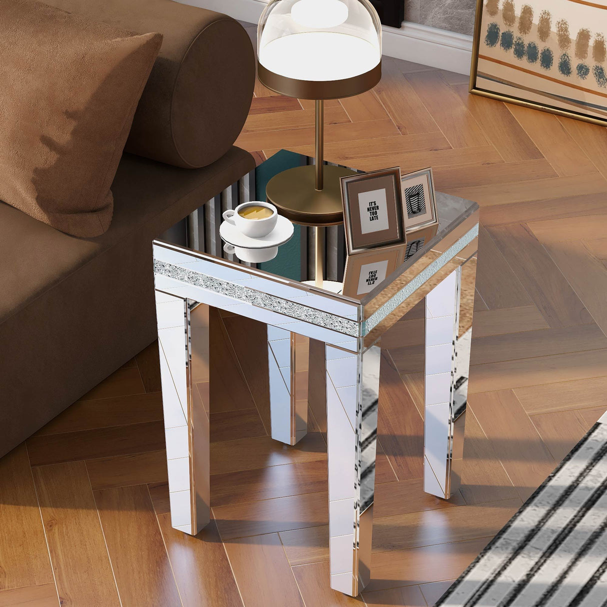 Fashionable Modern Glass MirroredTable With Crystal Design And Adjustable Height Legs by Couch.com