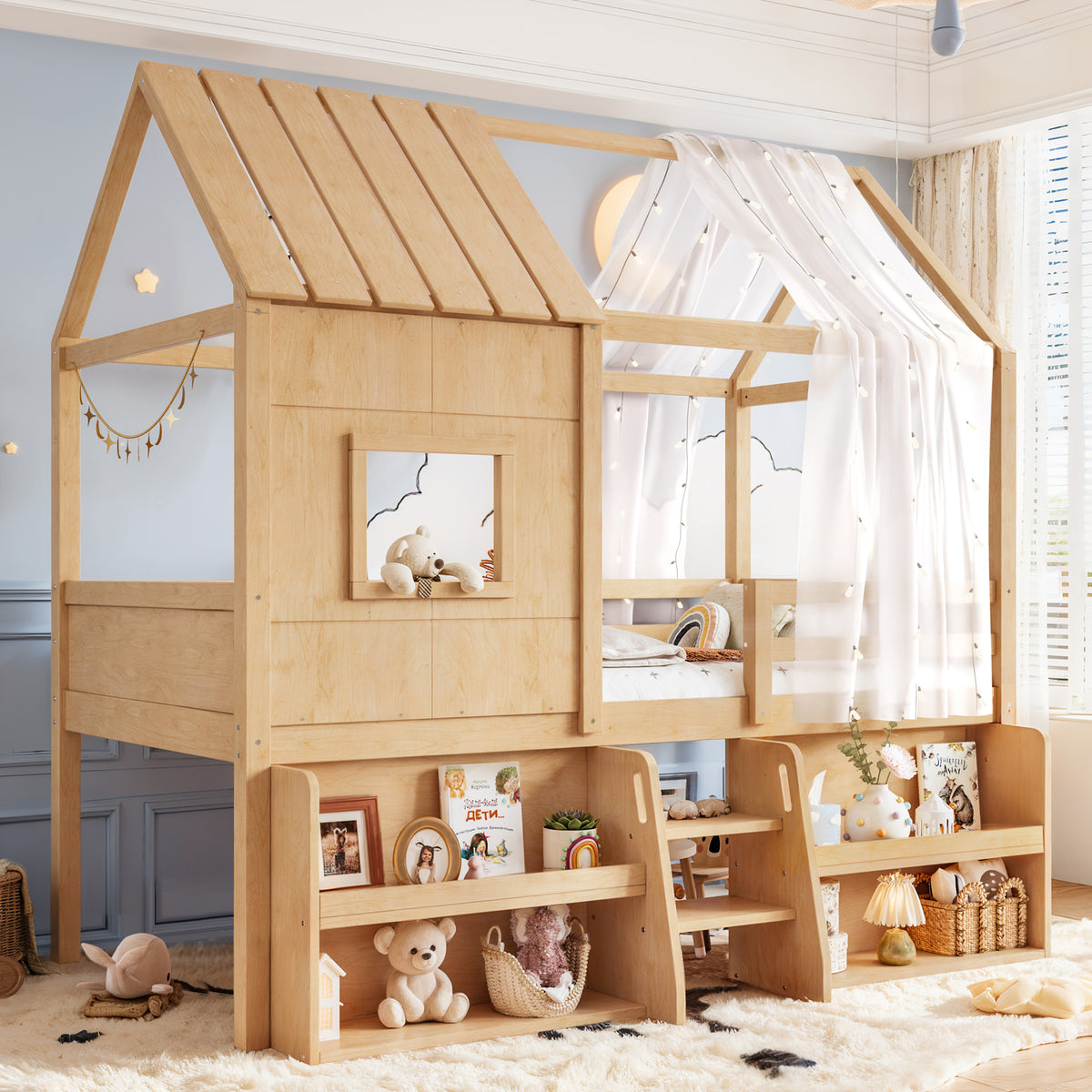 Twin Size Loft Bed with Storage Shelves and Stairs, House Loft Bed with Playhouse Roof and Window, No Box Spring Needed, Natural