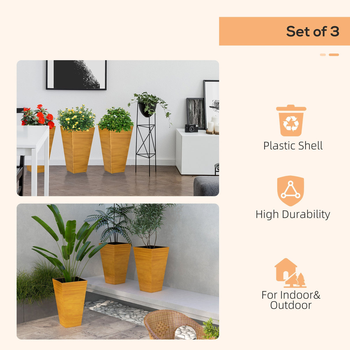 Outsunny 28" Tall Outdoor Planters Set of 3 with Drainage Holes