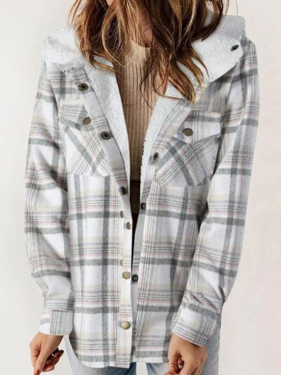 Plaid Snap Down Plush Hooded Jacket Soft & Warm Women Outerwear Cozy And Comfortable Jacket