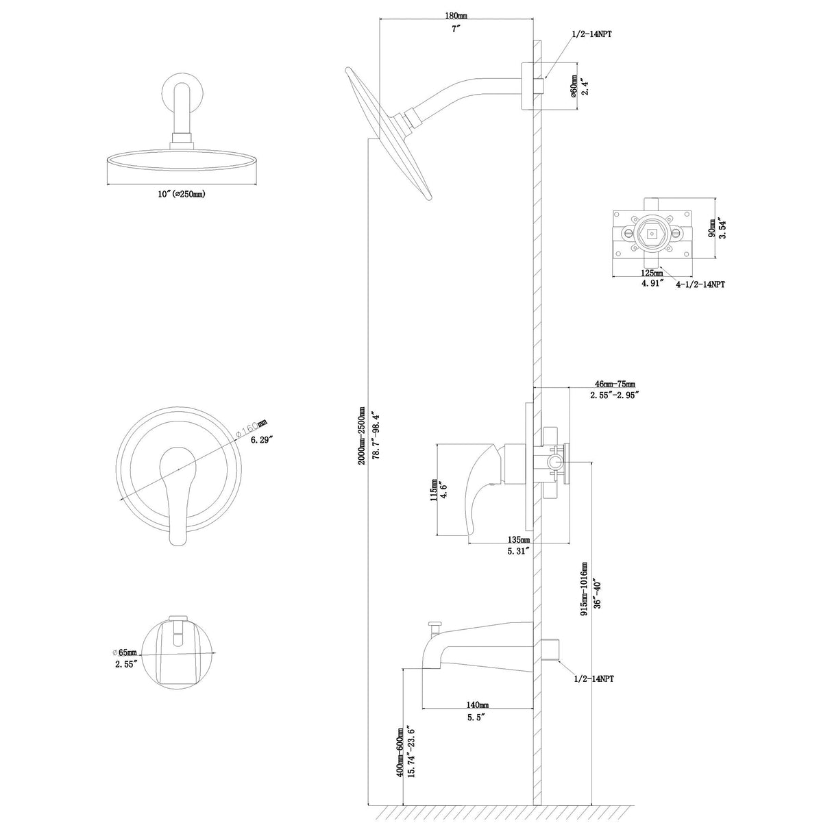 10" Round Rain Shower Head System With Waterfall Tub Spout, Wall Mounted, Stainless Steel