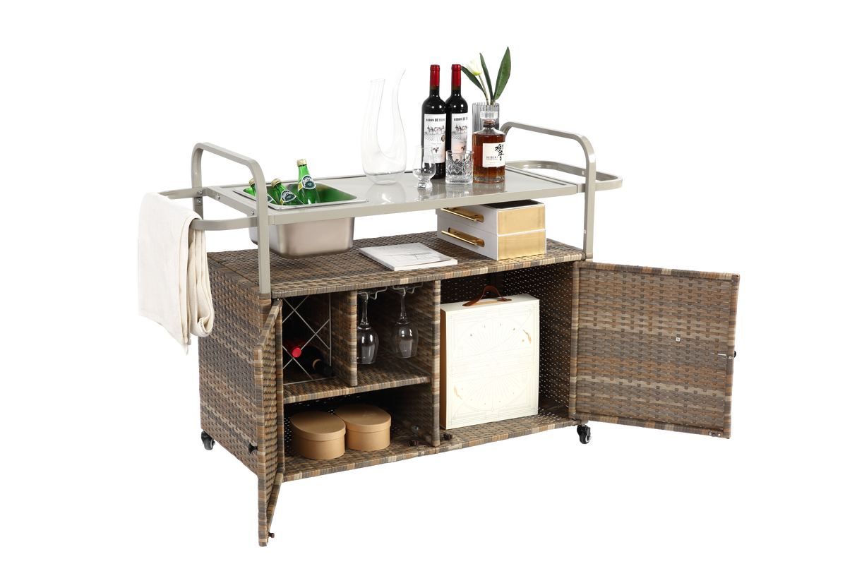 Outdoor Bar Table with Wicker Cabinet and Steel Top