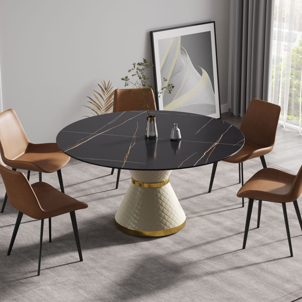 59.05" Modern Artificial Stone Round Carbon Steel Base Dining Table, Can Accommodate 6 People - Black / White by Couch.com