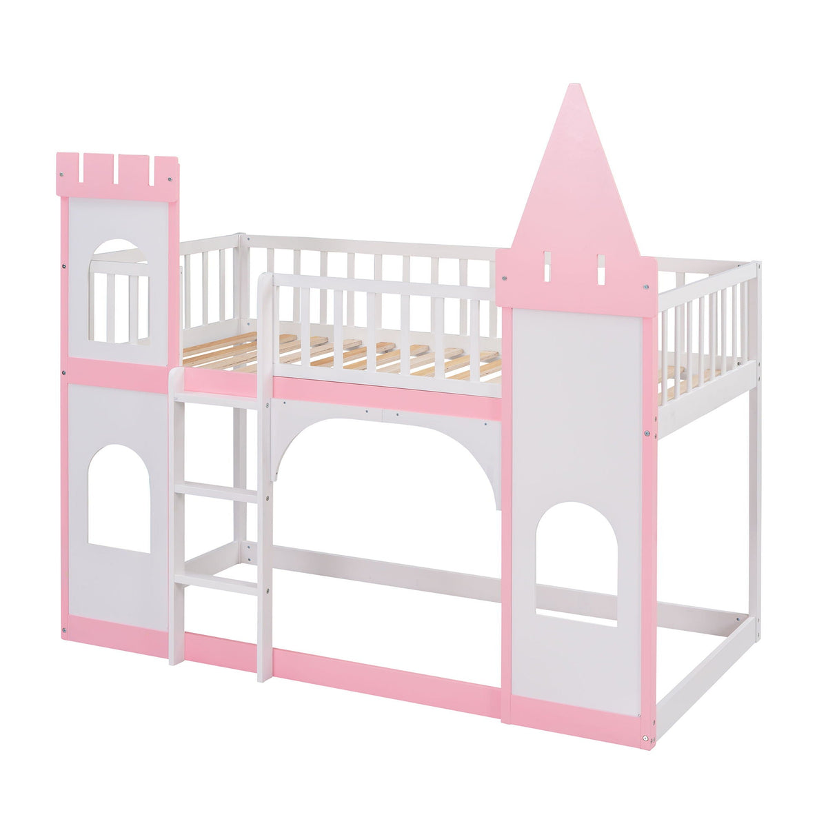 Twin Over Twin Castle Bunk Bed With Ladder - Pink by Couch.com