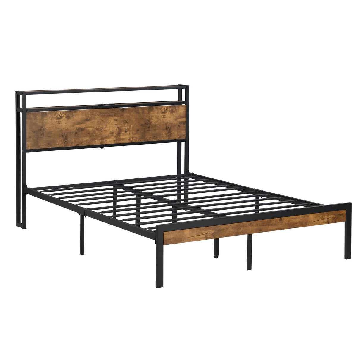 Full Size Metal Platform Bed Frame With Wooden Headboard And Footboard With USB Liner, No Box Spring Needed, Large Under Bed Storage - Brown by Couch.com