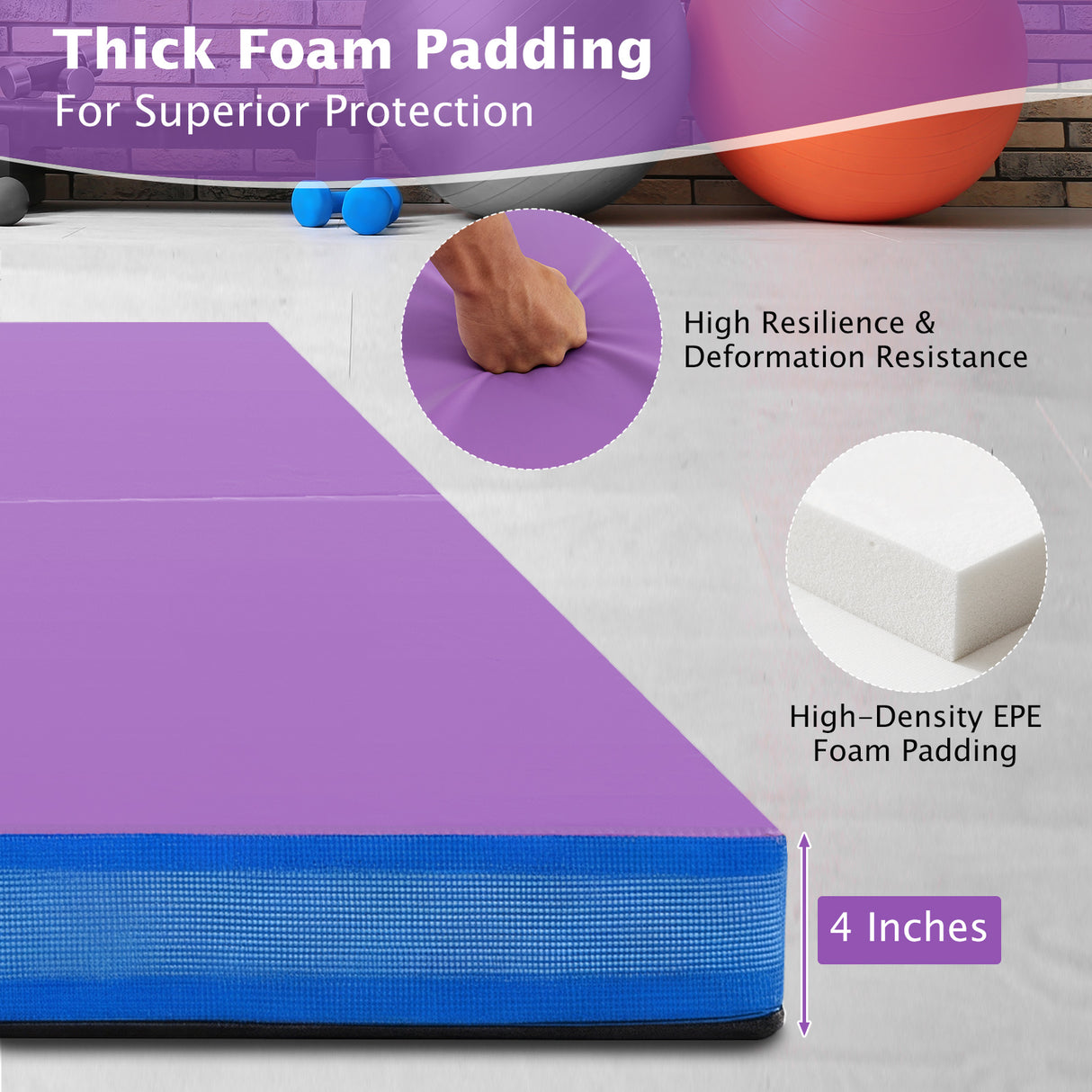 4ft x 4ft x 4in Bi-Folding Gymnastic Tumbling Mat with Handles and Cover-Purple