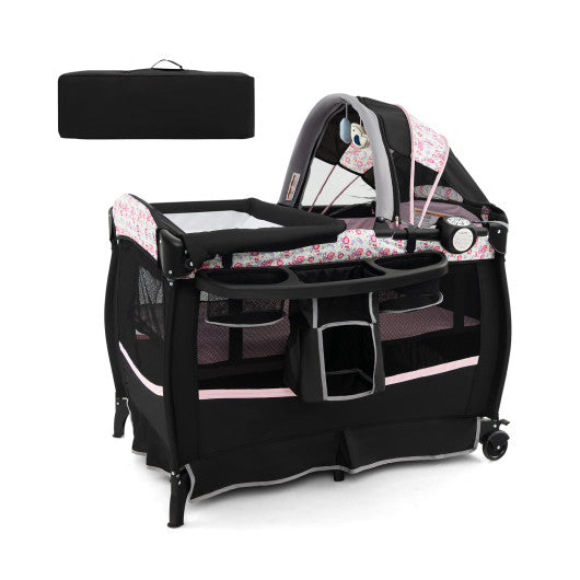 4 in 1 Portable Pack and Play Baby Nursery Center with Bassinet-Pink