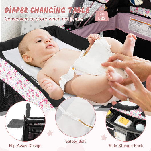 4 in 1 Portable Pack and Play Baby Nursery Center with Bassinet-Pink