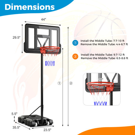 4.4-10 Feet Portable Basketball Hoop Adjustable with 2 Wheels and Fillable Base-Black