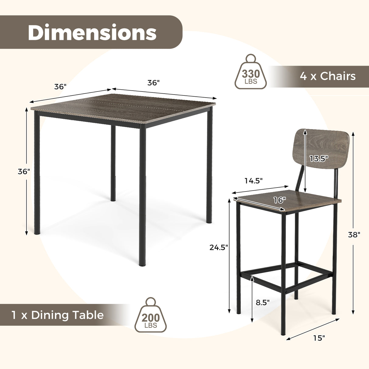 5-Piece Counter-Height Dining Bar Table Set with 4 Bar Chairs-Gray