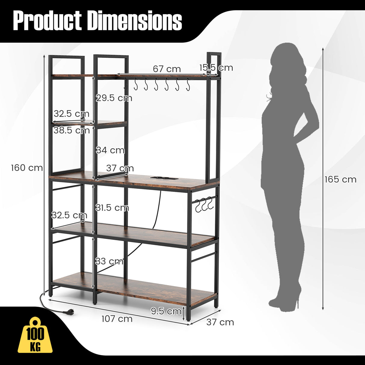 5-Tier Bakers Rack with Power Outlets and 10 S-Shaped Hooks-Rustic Brown