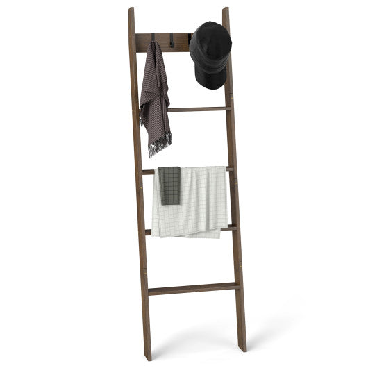 5-Tier Bamboo Ladder Bookshelf with 4 Removable Hooks-Brown