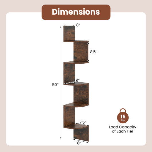 5-Tier Corner Shelf Floating Bookshelf Wall Mounted Storage Organizer-Rustic Brown