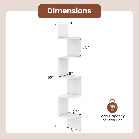 5-Tier Corner Shelf Floating Bookshelf Wall Mounted Storage Organizer-White