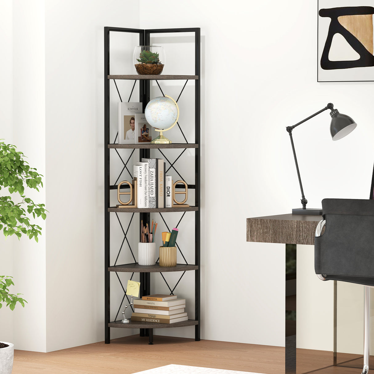 5-Tier Freestanding Corner Shelf 63 Inch Tall Storage Rack-Oak