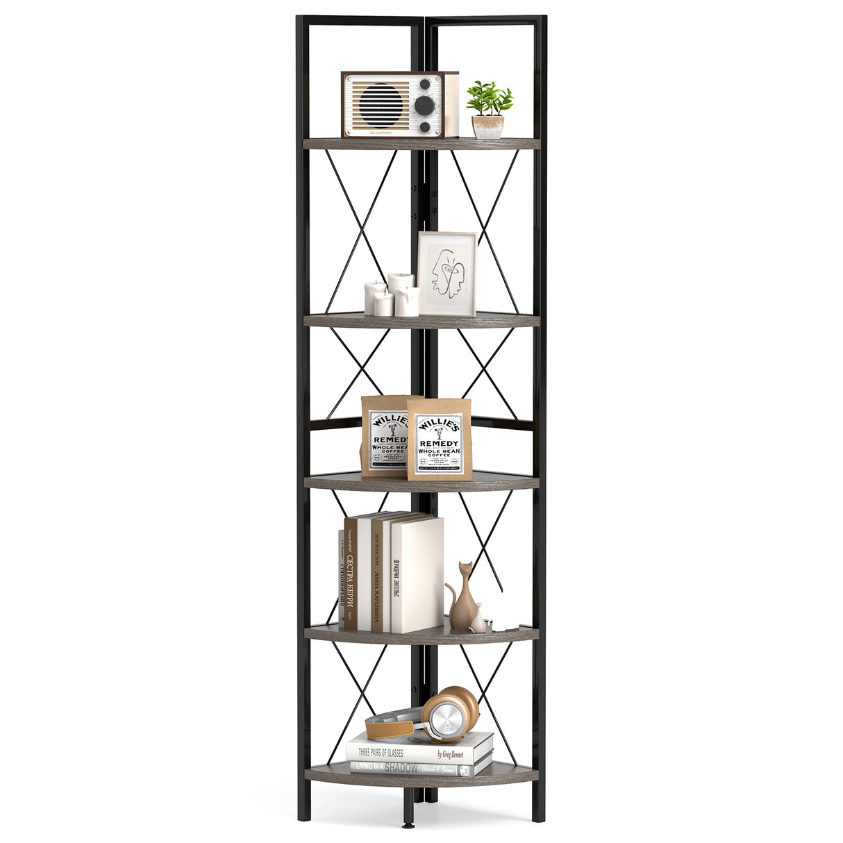 5-Tier Freestanding Corner Shelf 63 Inch Tall Storage Rack-Oak