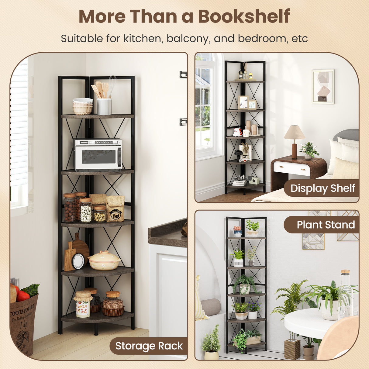 5-Tier Freestanding Corner Shelf 63 Inch Tall Storage Rack-Oak