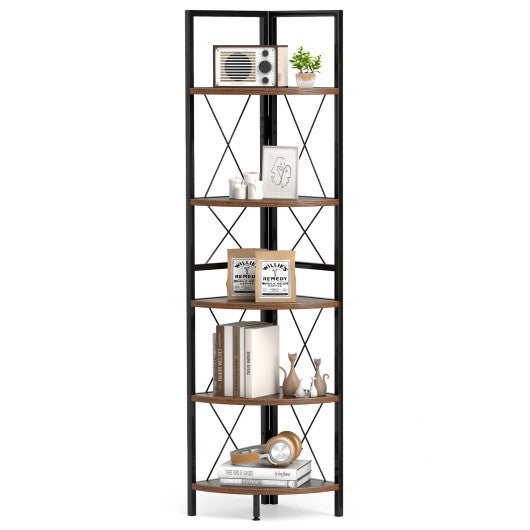 5-Tier Freestanding Corner Shelf 63 Inch Tall Storage Rack-Rustic Brown