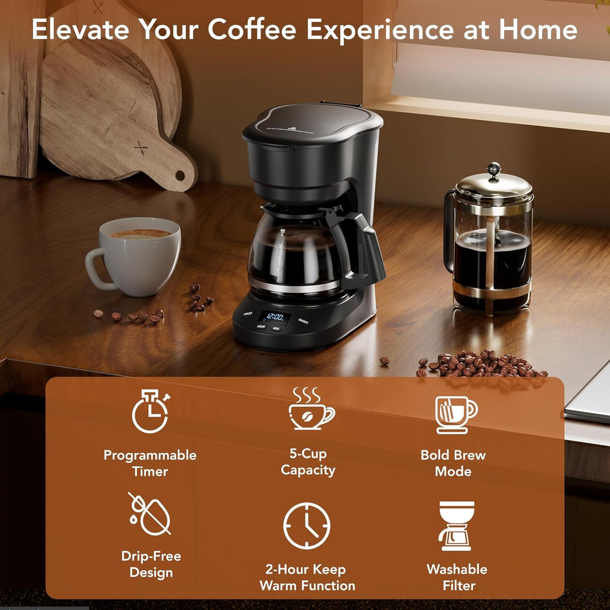 5-Cup Drip Coffee Maker - Programmable, Auto Brew, Auto Pause, Keep Warm Function CM3710H