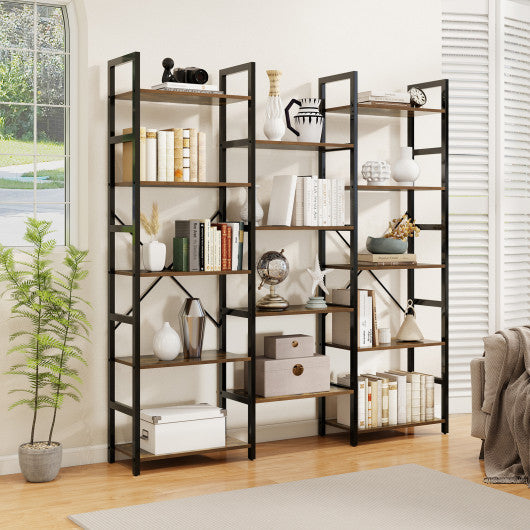 5-tier Triple Wide Heavy-duty Metal Frame Industrial Bookshelf-Rustic Brown