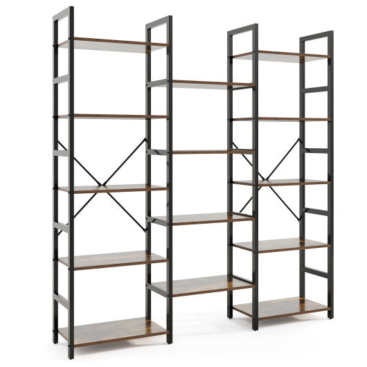 5-tier Triple Wide Heavy-duty Metal Frame Industrial Bookshelf-Rustic Brown