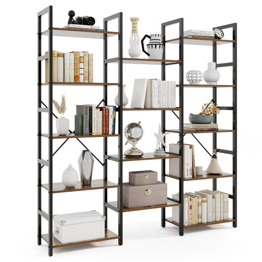 5-tier Triple Wide Heavy-duty Metal Frame Industrial Bookshelf-Rustic Brown