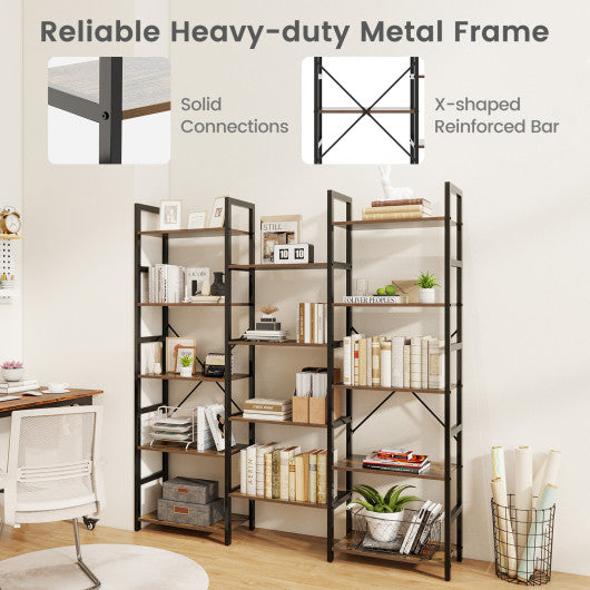 5-tier Triple Wide Heavy-duty Metal Frame Industrial Bookshelf-Rustic Brown
