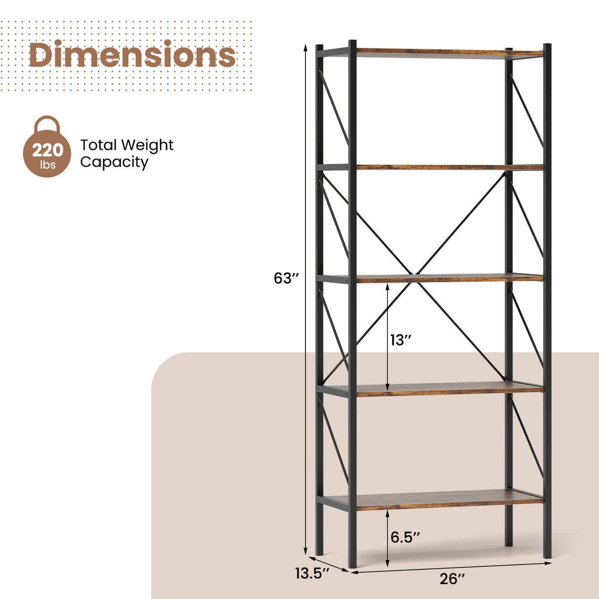 5-Tier Bookshelf with Open Shelves and Heavy Duty Metal Frame-Rustic Brown