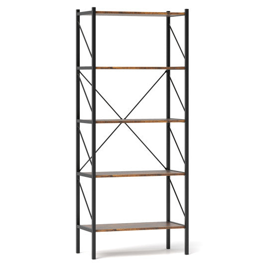 5-Tier Bookshelf with Open Shelves and Heavy Duty Metal Frame-Rustic Brown