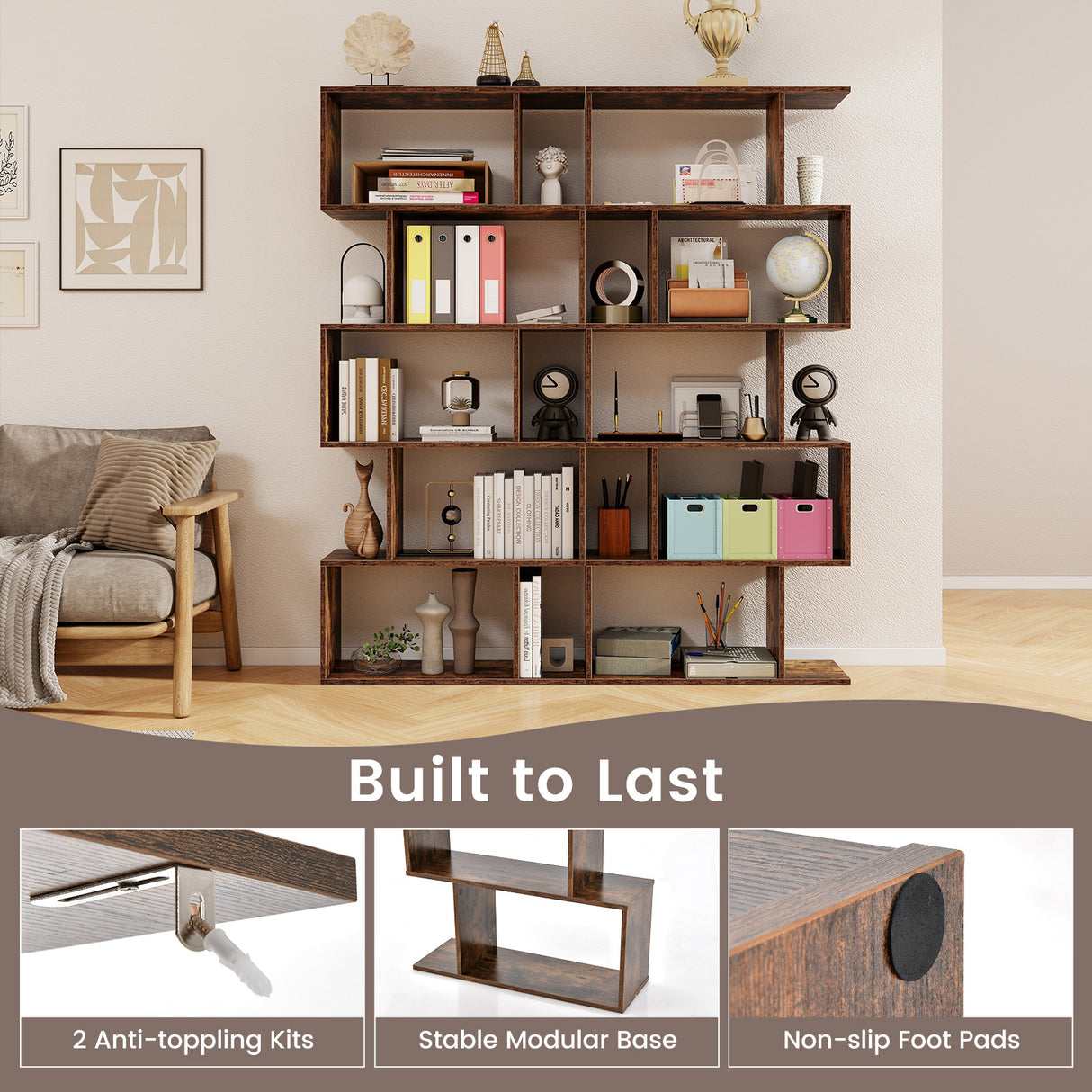 5-Tier Bookshelf with Anti-Toppling Device for Living Room Home Office-Rustic Brown
