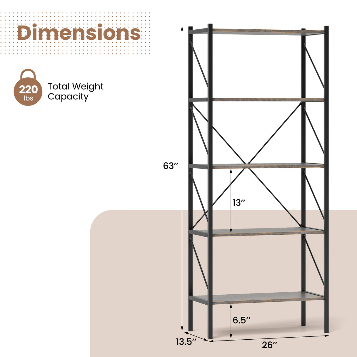 5-Tier Bookshelf with Open Shelves and Heavy Duty Metal Frame-Gray
