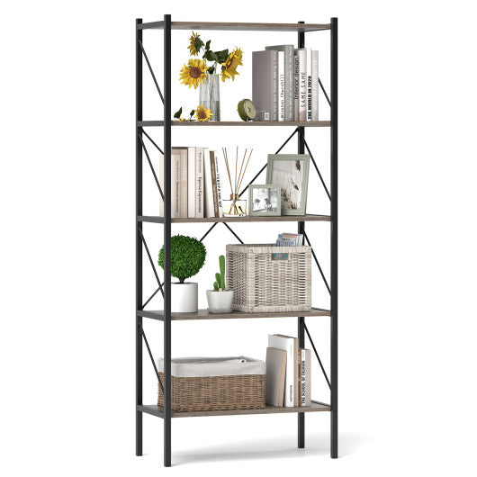 5-Tier Bookshelf with Open Shelves and Heavy Duty Metal Frame-Gray