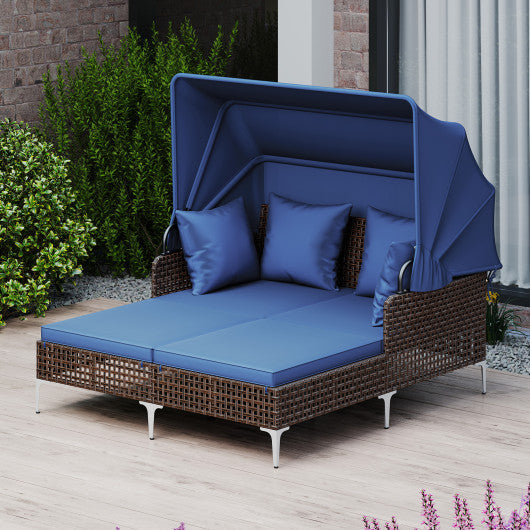 Outdoor Daybed with Retractable Canopy PE Wicker Rattan Patio Lounger-Navy
