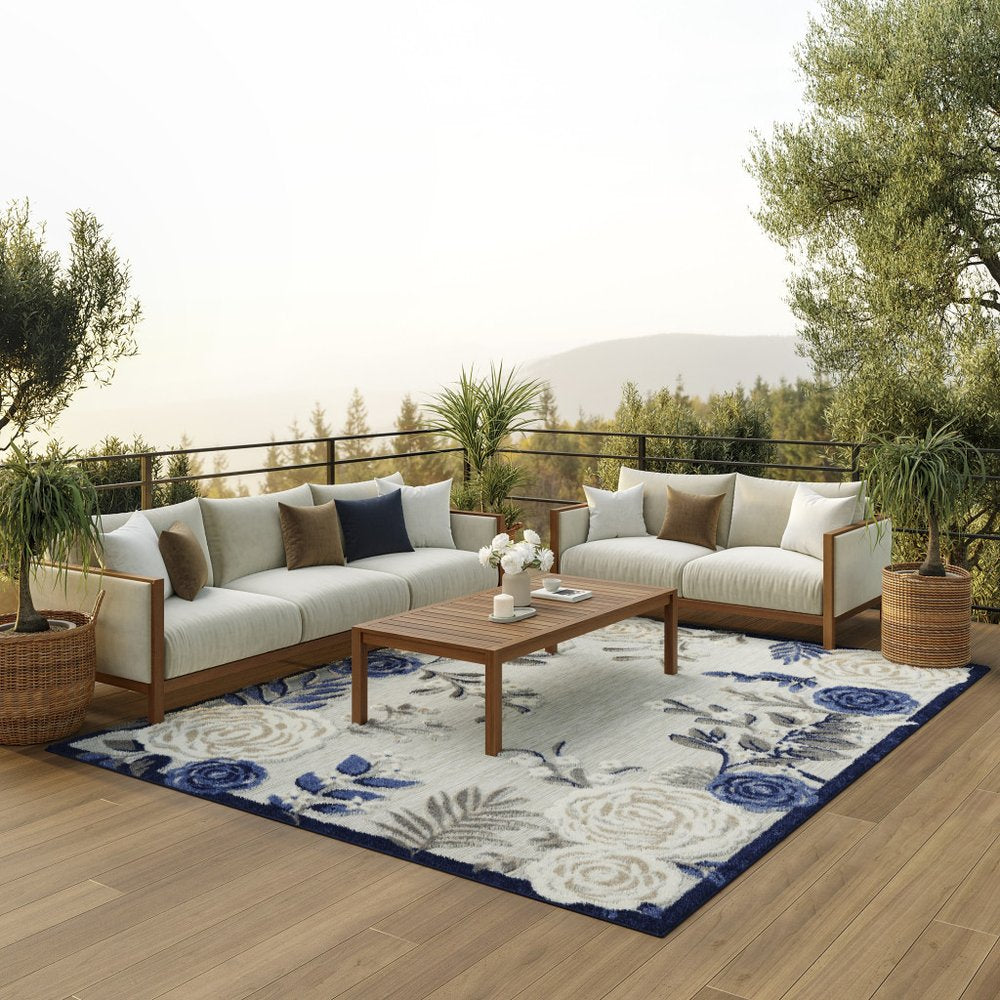 8' X 11' Blue and Gray Floral Non Skid Indoor Outdoor Area Rug