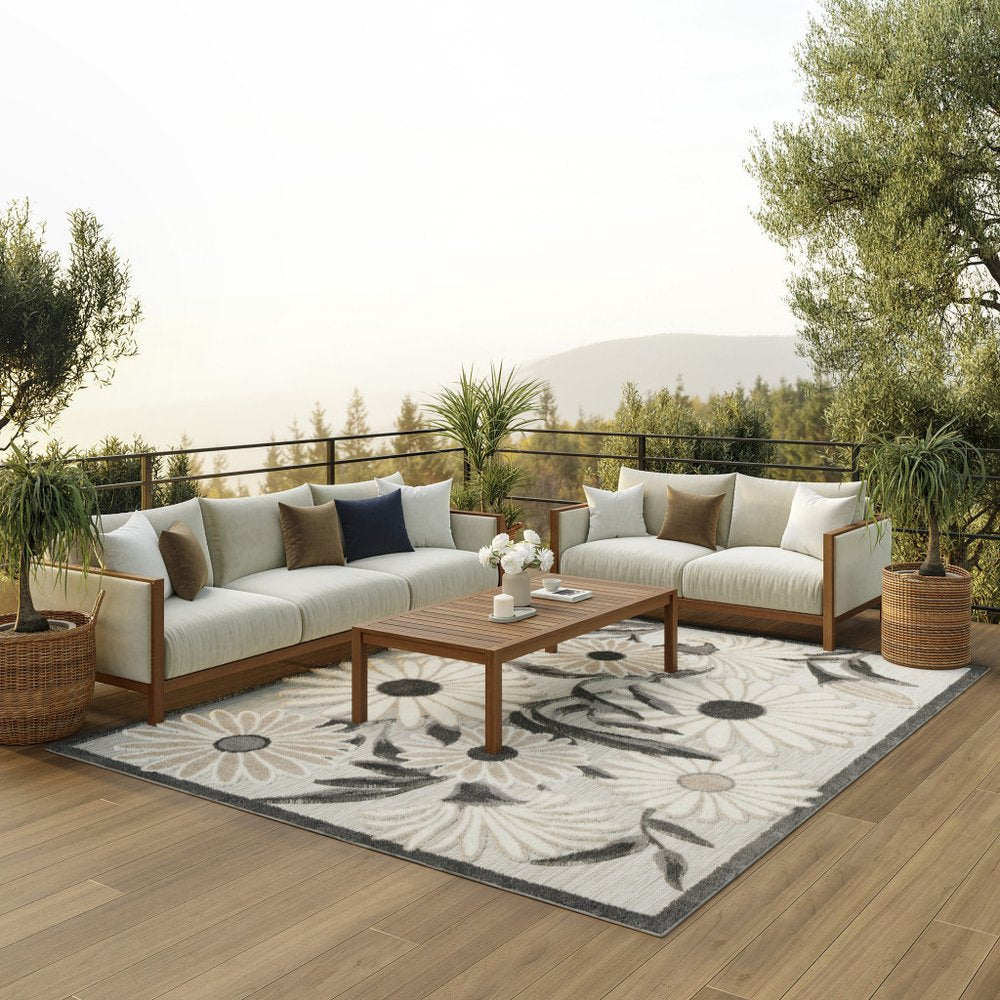 7' X 10' Beige Floral Non Skid Indoor Outdoor Area Rug