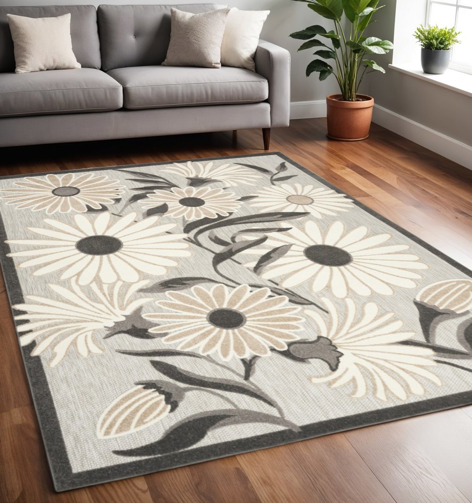 5' X 8' Beige Floral Stain Resistant Non Skid Area Rug