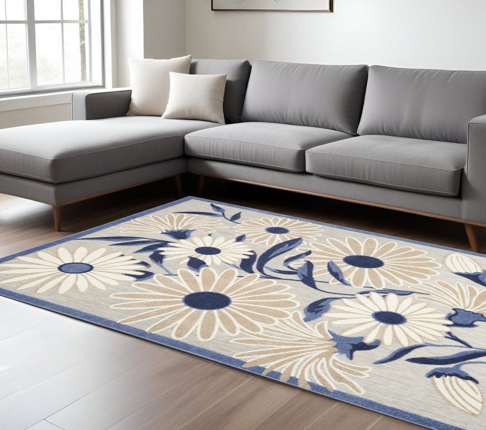 7' X 10' Blue And Grey Floral Stain Resistant Non Skid Area Rug