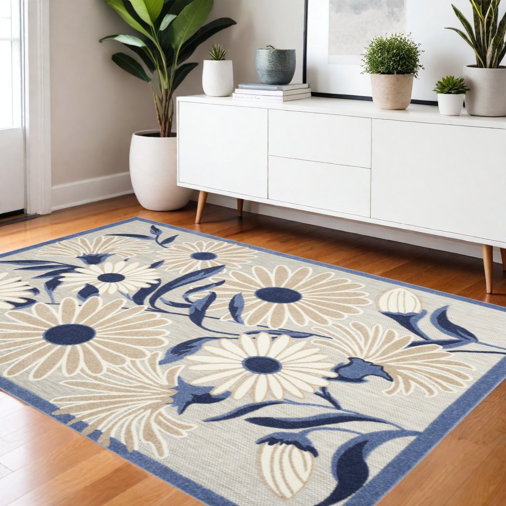 4' X 6' Blue And Grey Floral Stain Resistant Non Skid Area Rug