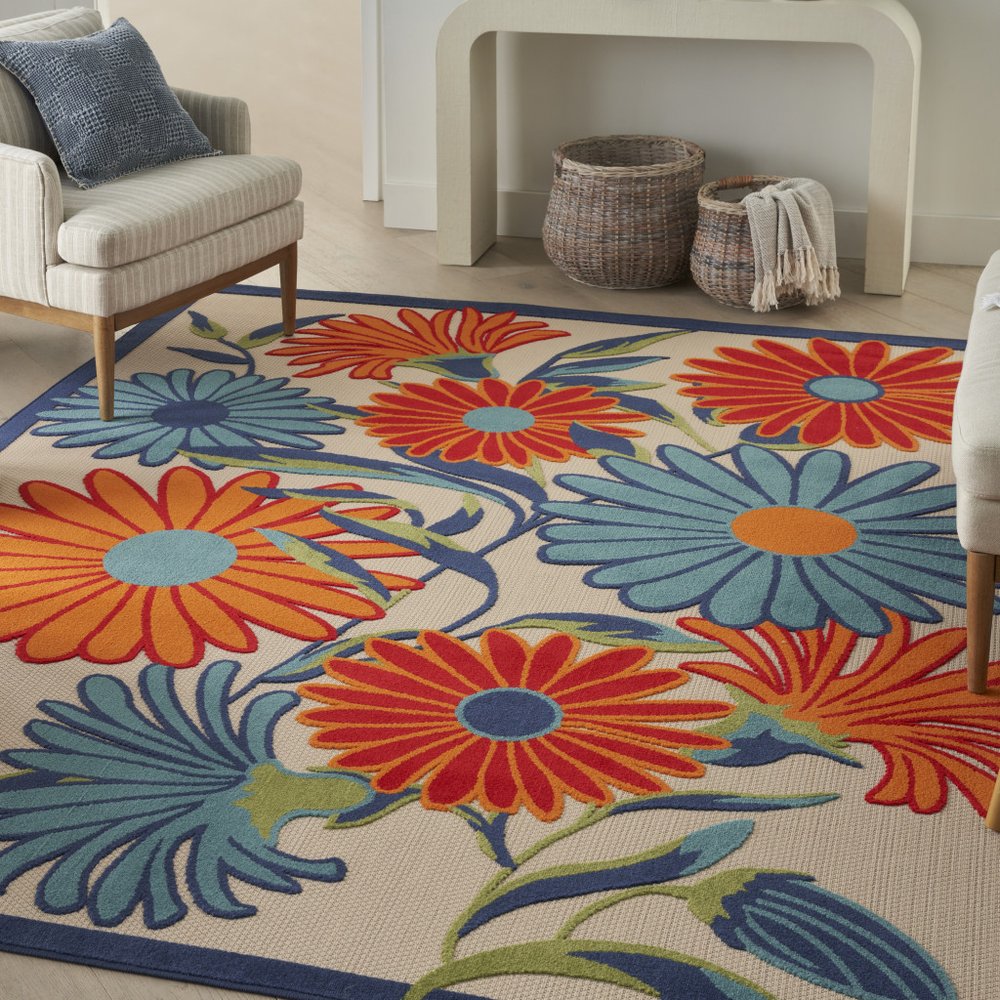 4' X 6' Ivory Blue and Orange Floral Non Skid Indoor Outdoor Area Rug