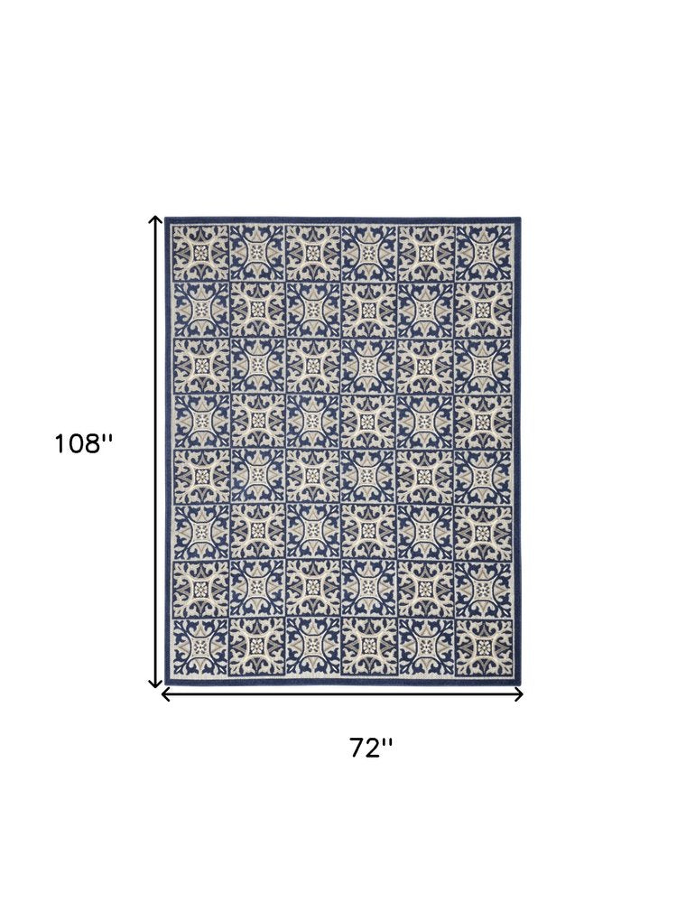 6' X 9' Blue Fleur De Lis Stain Resistant Non Skid Area Rug
