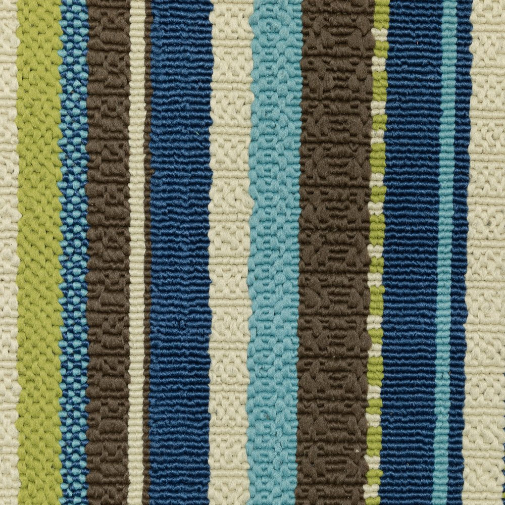 9' X 13' Blue and Green Striped Stain Resistant Indoor Outdoor Area Rug