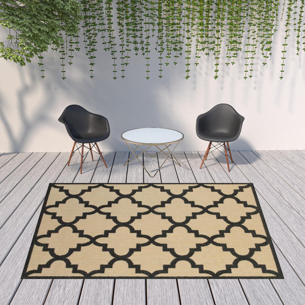 8' X 11' Beige and Black Geometric Stain Resistant Indoor Outdoor Area Rug