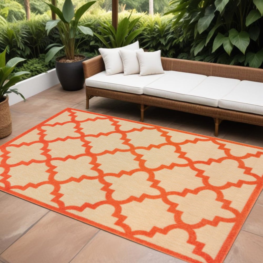 7' X 10' Orange Geometric Stain Resistant Indoor Outdoor Area Rug