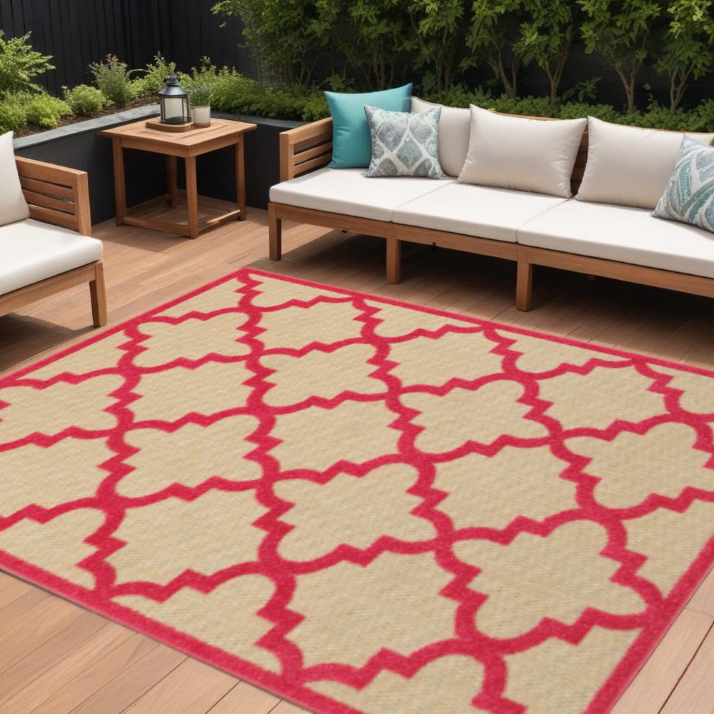 7' X 10' Red Geometric Stain Resistant Indoor Outdoor Area Rug