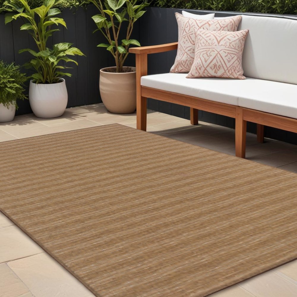7' X 10' Tan Striped Stain Resistant Indoor Outdoor Area Rug