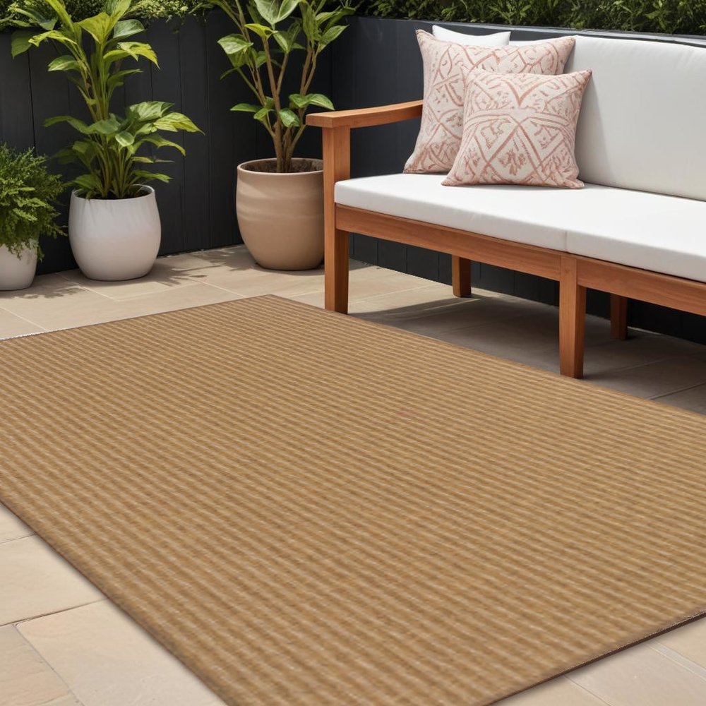 8' X 11' Tan Striped Stain Resistant Indoor Outdoor Area Rug