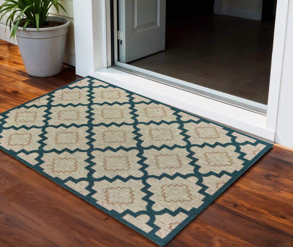 3' X 5' Blue and Gray Geometric Stain Resistant Indoor Outdoor Area Rug